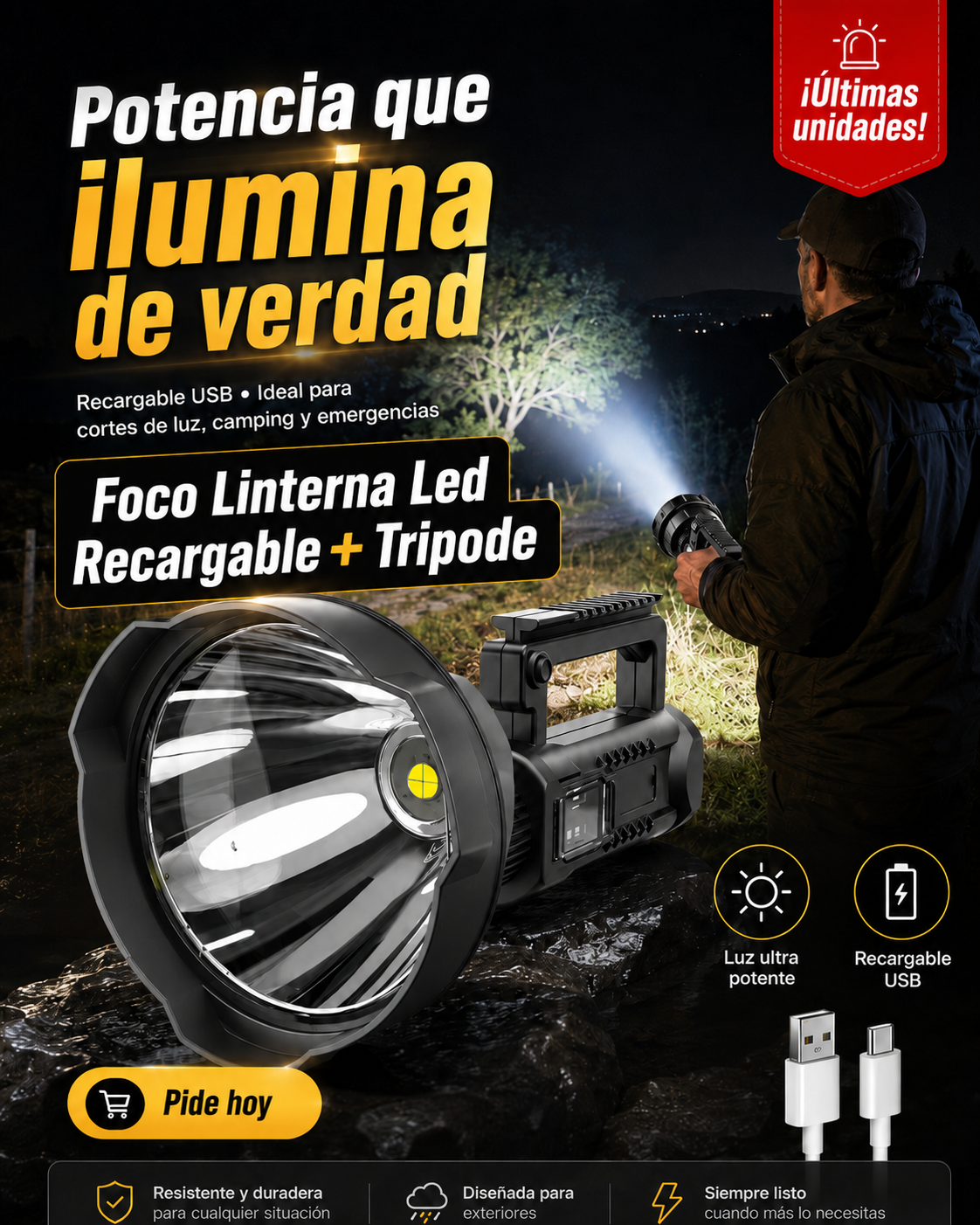 Foco Linterna Led Recargable + Tripode