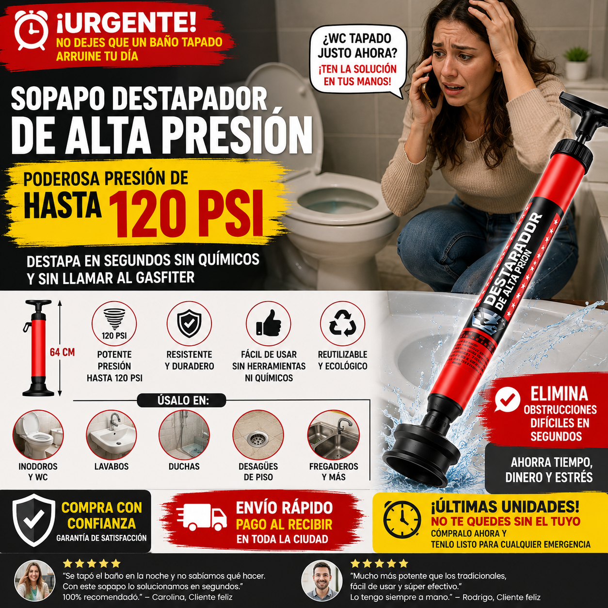 Sopapo Destapador Wc Inodoro Presión Red