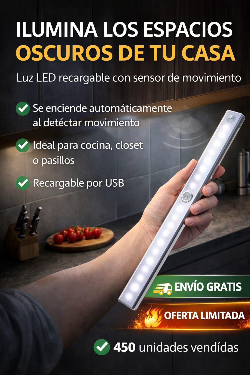 Luz Led Barra Con Sensor Movimiento 30cm